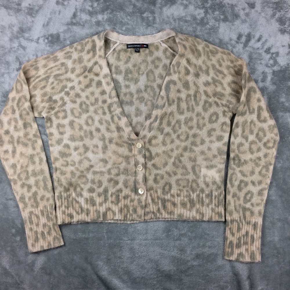 Banana Republic Cardigan Sweater Womens XL Leopard Print Mohair Long Sleeve‎